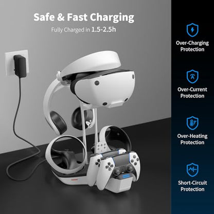 AceGamer Dual Charging Station for PS5 and VR2 Controllers, 4-In-1 Charging Dock for PS VR2 with VR Headset Display Stand, Headphone Holder, LED Lights & 3*Magnetic Connectors, Electronics Accessories