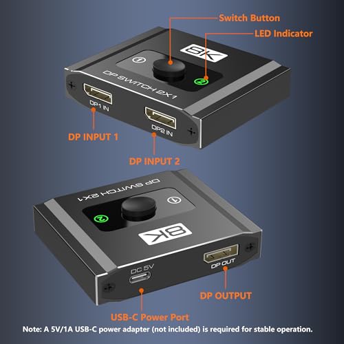 DisplayPort Switch 2 in 1 Out, 8K@60Hz DP 1.4 Switcher Selector Box, Unidirectional Display Port Switcher for Dual PCs & Gaming Consoles, 4K@144Hz DP Switch with DSC Support (DP Cables Not Included) - size: Displayport Switch