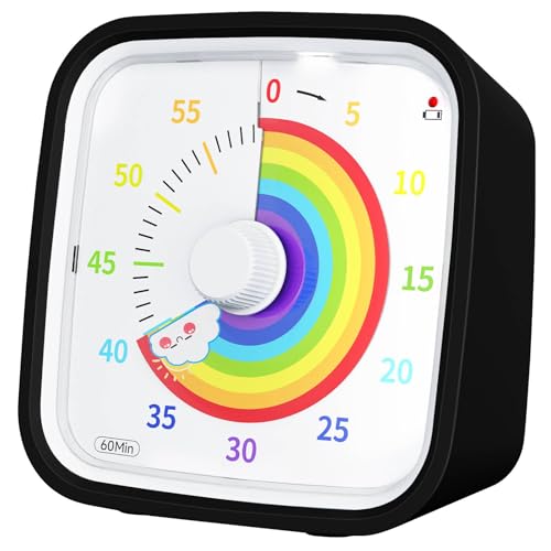 Rainbow Visual Timer for Kids, 60-min Countdown Timer, Black | Protective Case, No Ticking, Mute and Ringing Alarm Available, Time Management Tool, Low Power Reminder, for Study,Game,Work - color: Black Rainbow
