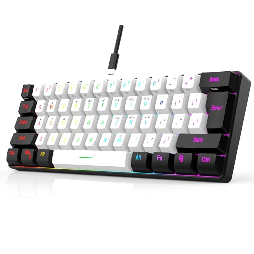 7KEYS 60% Wired Mini Gaming Keyboard, 14+ Mode RGB Light up, 25 Keys Anti-ghosting Mechanical Feel, Portable Ultra Compact 61-Key Black and White for Office Computer/PC/MAC/Laptop