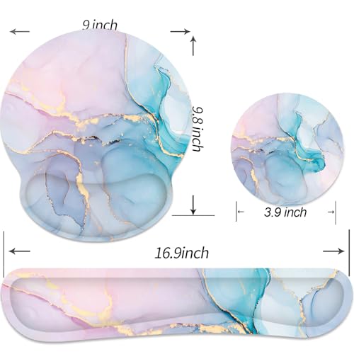 Ergonomic Mouse Pad with Wrist Rest and Keyboard Wrist Rest, Mousepad and Wrist Rest for Computer Keyboard, Non-Slip Rubber Base, Mouse Pad with Wrist Support for Gaming, Office, Pink Blue Marble - color: Cyan Pink Marble