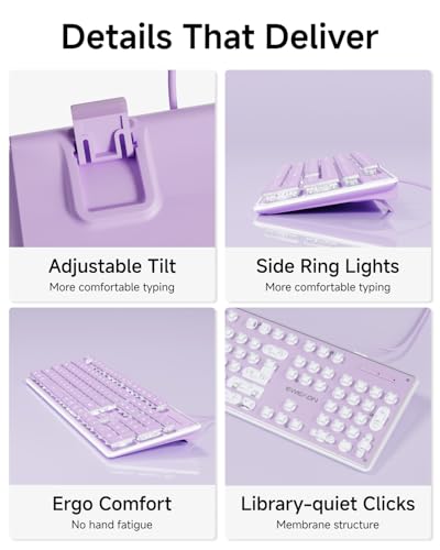 SEUNKWANG Wired Backlit Keyboard with Pudding Keycaps, Quiet Full Size Computer Keyboard White Backlight Easy-to-Read, Never Fade, Metal Panel, USB Cute Desk Setup for Windows PC Desktop, Purple - color: Purple