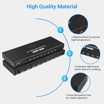4K@60Hz HDMI Switch 8 in 1 Out, HDMI Switcher Selector Box with IR Remote Control, Support 4K 60Hz Ultra HDR HDCP 3D for Xbox PS5 PS4 Xbox PC Laptop