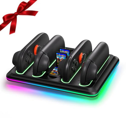 Controller Charging Dock for Switch 2 Joy-Con with RGB Light - 4-in-1 Fast Charger Station for Nintendo Switch 2 Controllers - Magnetic Auto-Align Base with 4 Game Card Slots & LED Indicators