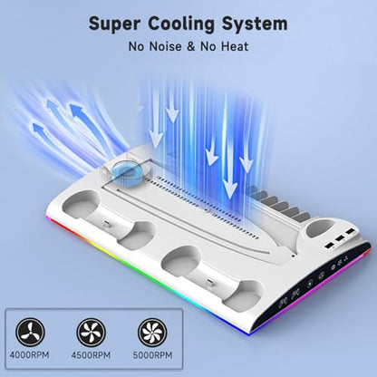 Cooling Station for PS5/PS5 Slim Disc & Digital Console, PS5/PS5 Slim Stand Cooling Stand with RGB Controller Fast Charging Station for PS 5 Console Accessories with Cooling Fan