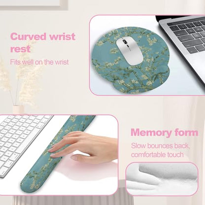 Blossoming Almond Tree Keyboard Wrist Rest Pad and Mouse Pad Wrist Support Set,White Flower 3-in-1 Ergonomic Mouse Pad with Non-Slip Rubber Base for Home Office Game Computers Desk, - color: Blossoming Almond Tree