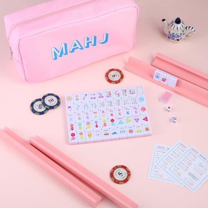 Soulchen Mini American Mahjong Tile Set Include 160 0.8 Inch Mahjong Tiles 2 Dice 4 Wooden Rulers 1 Accessory Bag 4 Beginner Rule Cards(Stylish) - style: Stylish