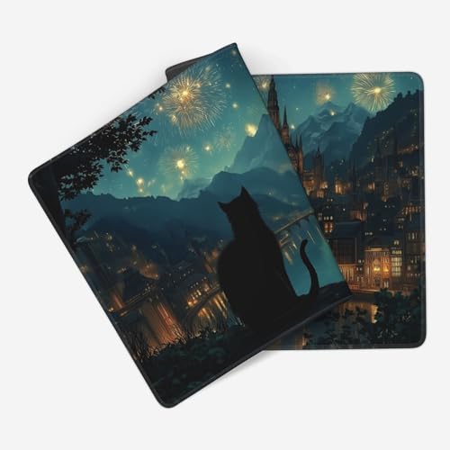 Castle Fireworks XXL Gaming Mouse Pad, Fantasy Night Sky Design with Cat Silhouette, Extended Desk Mat, Non-Slip Base, Stitched Edges 35.4" x 15.7" - color: Black Cat Castle Night View