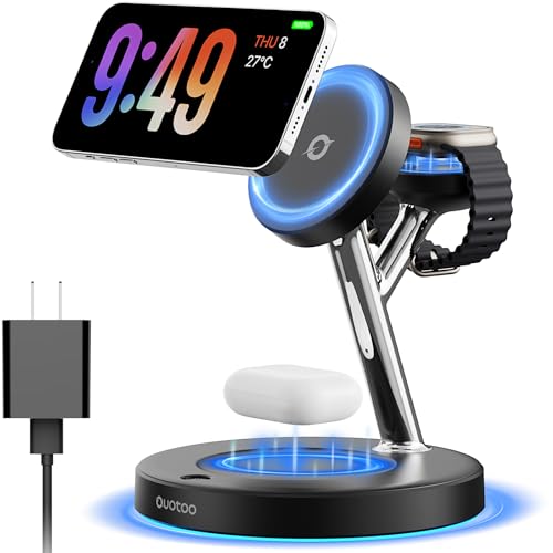 【Adjustable Blue Ambient Light】 Wireless Charger 3 in 1 for iPhone, Magnetic Charging Station for Apple Family,15W Fast MagSafe Charger Stand,for iPhone17-12-iWatch AirPods Series - color: Black
