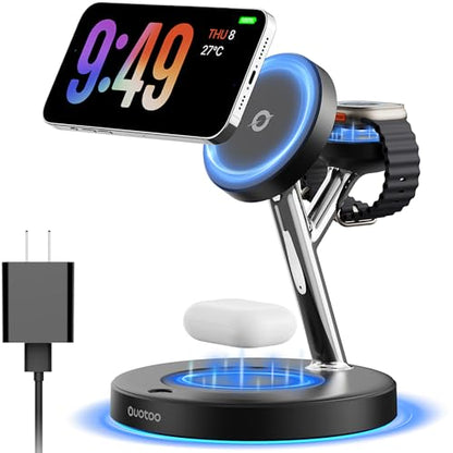 【Adjustable Blue Ambient Light】 Wireless Charger 3 in 1 for iPhone, Magnetic Charging Station for Apple Family,15W Fast MagSafe Charger Stand,for iPhone17-12-iWatch AirPods Series - color: Black