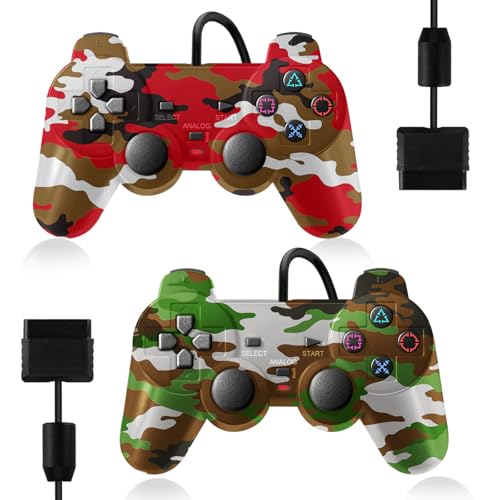 PS2 Controller, 2 Pack Wired Controller for PS2/PS2 Slim/PS1,Dual Vibration - color: Camo Red