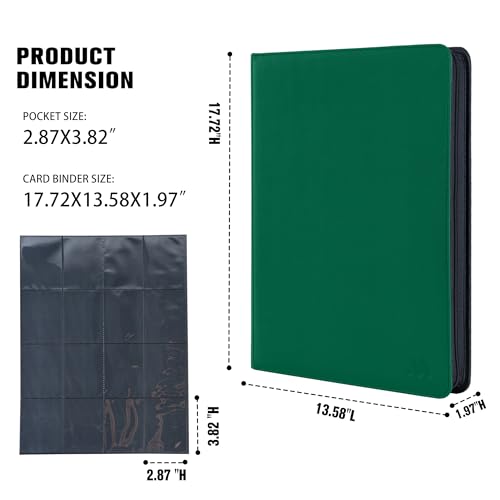 Card Binder 16 Pocket,Trading Card Binder Hold up to 1408 Cards with 44 Sleeves,Zipper Card Holder Album Compatible with TCG Card/Game Cards/Sports Card-Green - color: Dark Green