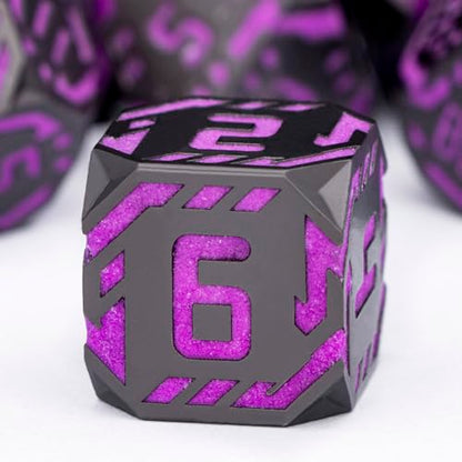 Metal DND Sci-fi Dice Set 7PCS Luminous Purple Stripe Polyhedral Dice for Dungeons Dragons RPG Role Playing Game, Glitter D and D Dice with Gift Box D6 D8 D10 D12 D20 - color: Nightlight - Purple