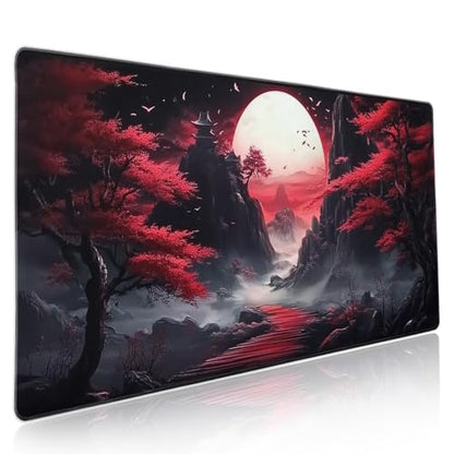 Black Red Japanese Mouse Pad XXL Moon Sakura Cherry BLoosm Tree Extended Table Mat 90X40 cm Non-Slip Rubber Base Stitched Edge Large Mousepad for Gaming Laptop Computer Desk Top 35.4×15.7 Inch - color: Black Red Japanese-a, size: 35.4 x 15.7 inches