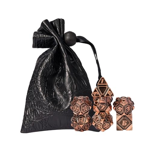Metal UFO Dice Set, 7 Die Metal Polyhedral Dice Set for DND Dungeons and Dragons Role Playing Games,with Skull Bag.(Ancient Red Copper) - color: Ancient Red Copper