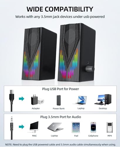 Uakinat Computer Speakers with 6 Colorful RGB Lights,USB Powered 3.5mm Aux with Loud Stereo Sound,Headphone-in for Desktop,PC/Laptop/Tablet Phone