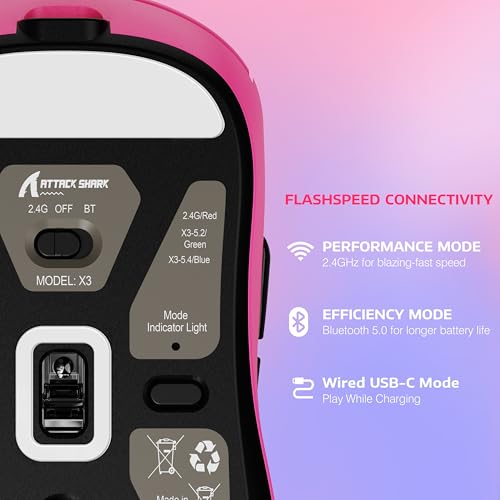 MANBASNAKE × ATTACK SHARK X3 Wireless Gaming Mouse, 49g Lightweight Triple Mode Ergonomic Computer Mouse, PAW3395 26K DPI Sensor,200h Battery Life, Griptape Programmable Buttons for PC/Mac/Win (Berry) - color: Berry & Griptape