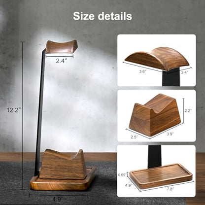 UPERGO Walnut Headphone Stand with Controller Holder & Storage Base | Solid Wood Grain, Gear & Charger Storage, Gamer Gift for PS5 Xbox Controllers, Desk Accessories