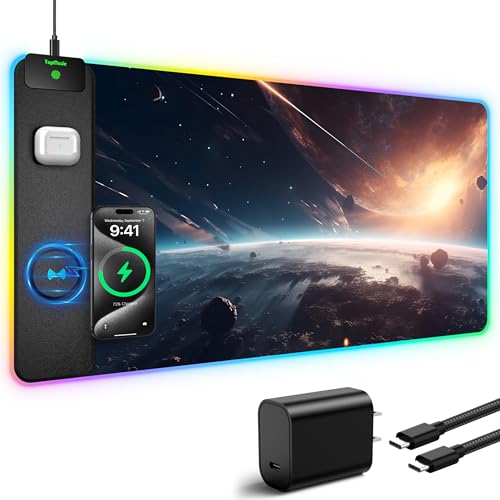 TopMade Wireless Charging Mouse Pad, RGB Gaming Mousepad Home Office Desk Pad, 31.5” x 15.8” Large Desk Mat, Waterproof Keyboard Pad, Cosmic Planet (Includes 20W PD Power Adapter & 6.56ft Woven Cable) - color: Upgraded Rgb - Cosmic Planet With Adapter