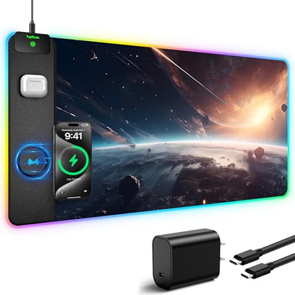 TopMade Wireless Charging Mouse Pad, RGB Gaming Mousepad Home Office Desk Pad, 31.5” x 15.8” Large Desk Mat, Waterproof Keyboard Pad, Cosmic Planet (Includes 20W PD Power Adapter & 6.56ft Woven Cable) - color: Upgraded Rgb - Cosmic Planet With Adapter