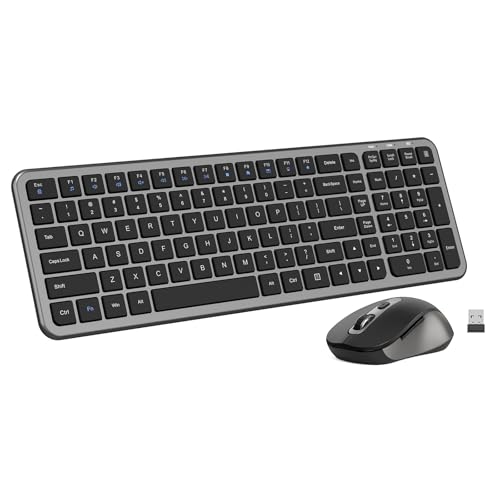Ultra Thin Compact Silent Wireless Keyboard Mouse ComboIronGrey | Full-size keyboard with calculator key, 2400 DPI ergonomic mouse, quiet clicks, USB cordless kit works with Windows, Mac - color: KM358-Grey