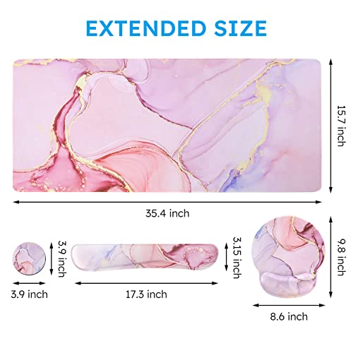 iCasso Glitter Marble Computer Mat 35.4"x15.7", Table Mat for Gaming | Elegant Home Ergonomic Desk Pad with Keyboard Wrist Rest, Mousepad Set for Students Computer Office Workspace Area - color: Glitter Marble