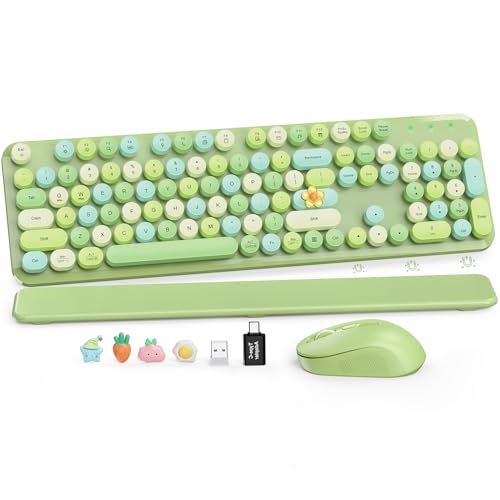 Wireless Keyboard and Mouse Combo, Cute Retro Typewriter Keyboard with Round Keycaps and Magnetic Wrist Rest, Full-Size 2.4GHz Cordless for Mac, Windows PC, Laptop, SABLUTE CK23, Green Multi-Color | Full-Size Typewriter-Style Keyboard, Tilt Legs, 2.4GHz C