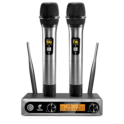 TONOR Wireless Microphones System, 2 * 15 Channel Dynamic Mics Silver*2 | UHF Handheld Metal Mic with Receiver, Pro Cordless Micro for Karaoke, Meeting, Party, Church, DJ, Wedding, KTV, 200ft, TW-820 - style: 2 Mics