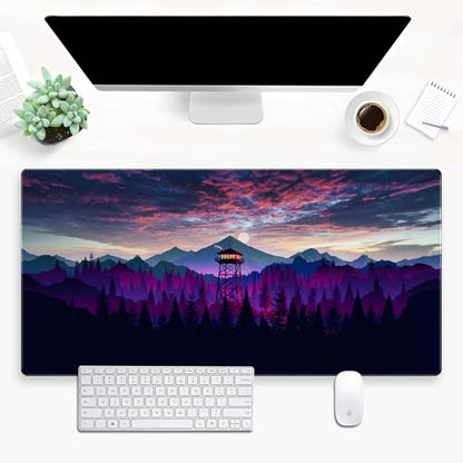 Purple and Black Desk Mat, Mountain Forest Large Gaming Mouse Pad | Washable forest landscape desk pad with 3mm plush cushion, smooth fabric top, and non-slip rubber base - color: Firewatch Tower