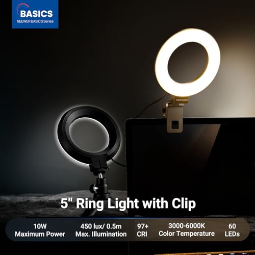 NEEWER Basic 5" Ring Light for Video Conference Lighting, Clip on Light Kit with Desk Tripod Stand for Monitor Laptop Computer Zoom Call Live Streaming Remote Working Learning Video Recording, BR60