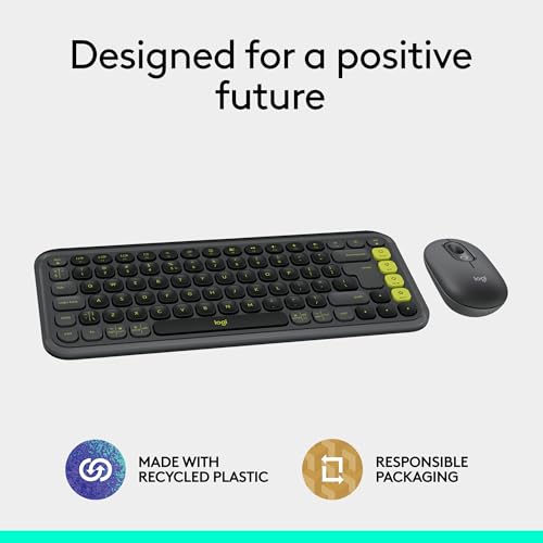 Logitech POP ICON Combo, Wireless Bluetooth Keyboard and Mouse, Comfortable Typing, programmable Keys and Buttons, Quiet clicks, Easy-Switch up to 3 Devices - Graphite and Lime - color: Graphite Lime, style: Combo