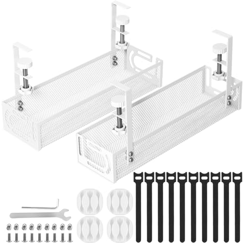 Cable Management, 2 Pack Cable Management Under Desk, Cable Tray | No Drill Under Desk Cable Management Tray, Cord Organizer with Clamp for Standing Desk, Desk Organizer for Home Office - color: White, size: 15.3''+15.7'' (2 Pack)