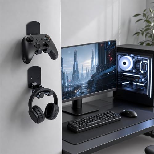 4 Pack Wall Mount Headphone Holder with Foldable Controller Hanger, Metal Gaming Headset Hook for Desk Side or Wall, Space Saving Gamepad Organizer for Home Setup