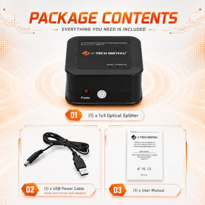 J-Tech Digital Optical Splitter 1 in 3 Out for TV, Toslink Splitter 1x3 SPDIF Audio Splitter 1:1 Transmission Support LPCM2.0, DTS, Dolby Digital