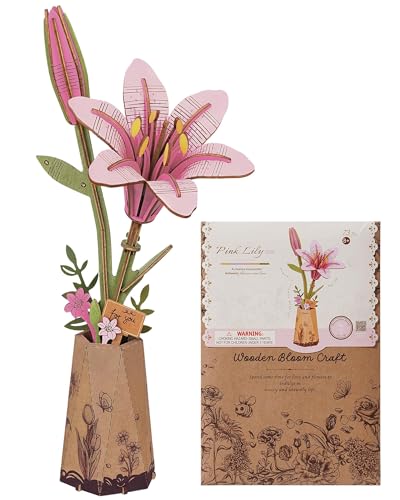 3D Flower Wooden Puzzles for Adults-Pink Lily, DIY Wooden Flowers Model Kit Building Set Crafts Birthday Gifts Women, Artificial Botanical Collection Creative Gift Ideas/Housewarming (73PCS) - style: TW - Pink Lily