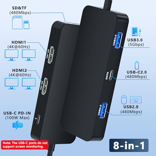 Laptop Docking Station Dual Monitor for Dell/HP/Lenovo/Mac, HDMI Splitter for Dual Monitors Extended Display, Dual Monitor Adapter 4K@60hz, USB C Docking Station for Laptop with HDMI/USB/PD/SD/TF - style: 8 IN 1 4K@60hz Black
