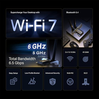 TP-Link WiFi 7 BE6500 PCIe WiFi Card Archer TBE400E | Tri-Band Network Card for Desktop PC | Bluetooth 5.4| High-Gain Antennas| MLO, WPA3| Supports AMD/Intel Motherboard | Not Compatible w/Windows 10 - style: BE6500, WiFi 7 - New Model