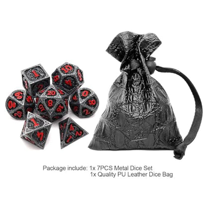 Haxtec Metal DND Dice Set, 7 Pcs Dragon Pattern Polyhedral Dice for RPG | Red Numbers D&D with Leather Bag, Compatible with Dungeons and Dragons, Matte Black Heavy Metallic, Gifts for Table Games - color: Matt Black Red