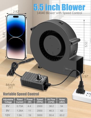 Wathai 140mm Small Blower Fan 110V 120V Squirrel Cage Fan Speed controlleer | Dual Ball Brushless Cooling Squirrel Cage Fan with AC Plug Speed Control 110V - 240V for DIY Inflatable or Exhaust Cooling - style: 140x40mm 110v - 220v with speed controller