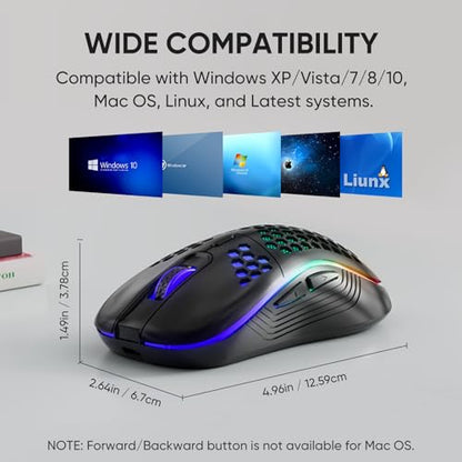 MELOGAGA Wireless Gaming Mouse RGB Rechargeable Lightweight Honeycomb Black | 7-Color LED Light, 4 DPI Levels, USB-C Recharge & Stable 2.4G Wireless for PC Mac Laptop Desktop Computers - color: Black