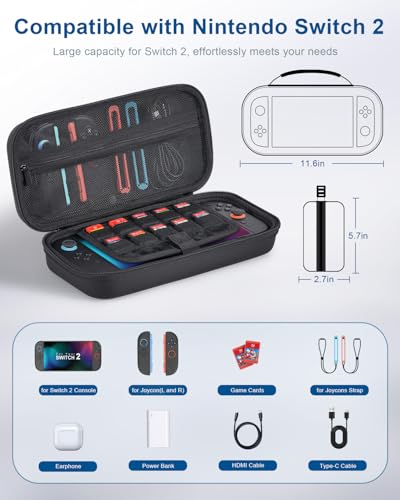 Carrying Case with Tempered Glass Screen Protector for Nintendo Switch 2, 10 Game Cartridges and Large Capacity for Accessories, Portable Hard Shell Handheld Travel Protective Pouch