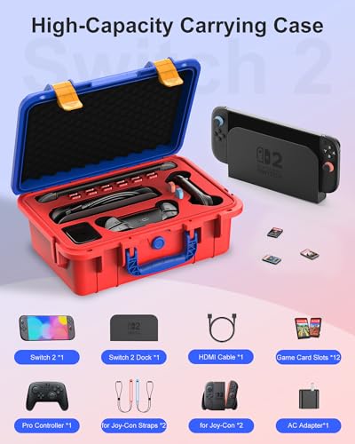 STARTRC GAMES Hard Carrying Case for Nintendo Switch 2, Professional Deluxe IP67 Waterproof, Soft Lining Hard Travel Case for Nintendo Switch 2 Console Pro Controller & Accessories (Red & Blue) - color: Red and Blue