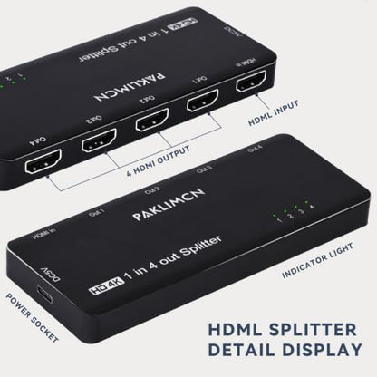HDMI Splitter 1x4, 4K 60Hz 1 in 4 Out HDMI Duplicator/Switcher, 4Kx2K 30Hz 4:4:4 & 60Hz 4:2:0, HDR Compatible for Fire Stick, PS5, Xbox Series X, PC, Home Theater, Not A Switch(4K 1in4 Out)