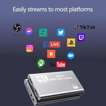Video Capture Card Nintendo Switch, 4K HDMI Video Capture Card, 1080P 60FPS, HDMI to USB 3.0 Capture Card for Streaming Work with Camera/Xbox/PS4/PS5/PC/OBS - color: Grey