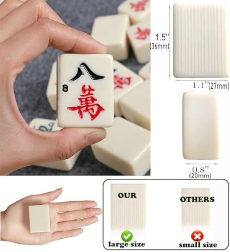 Mahjong Set,Chinese Mahjong Game Set with Carrying Travel Case, 1.5'' Large 146 Tiles with Arabic Numerals, 2 Dice and a Wind Indicator,Mah Jongg Set - color: Ivory
