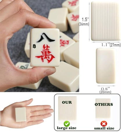 Mahjong Set,Chinese Mahjong Game Set with Carrying Travel Case, 1.5'' Large 146 Tiles with Arabic Numerals, 2 Dice and a Wind Indicator,Mah Jongg Set - color: Ivory