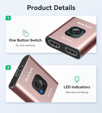 HDMI Switch 4k@60hz Splitter, GANA Aluminum Bidirectional HDMI Switcher 2 in 1 Out, Manual HDMI Hub Supports HD Compatible with Xbox PS5/4/3 Blu-Ray Player Fire Stick Roku - color: Rose Gold (No Cable)