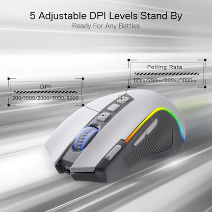 Redragon M612 Wireless RGB Optical Gaming Mouse 8000 DPI Remapping Keys | Cable-Free 0 Delay, Redefine Keybinding Macro, Vibing Backlight, Ergonomic Grip Body Comfort - color: Gray, style: Wireless