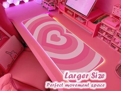 JMIYAV Pink Love Heart RGB Gaming Mouse Pad 31.5x12 Inch Cute Mousepad PC XL Large Extended Glowing Led Light Up Desk Pad Non-Slip Rubber Base Computer Mat Desk Accessories Gaming Setup - color: Loving Heart