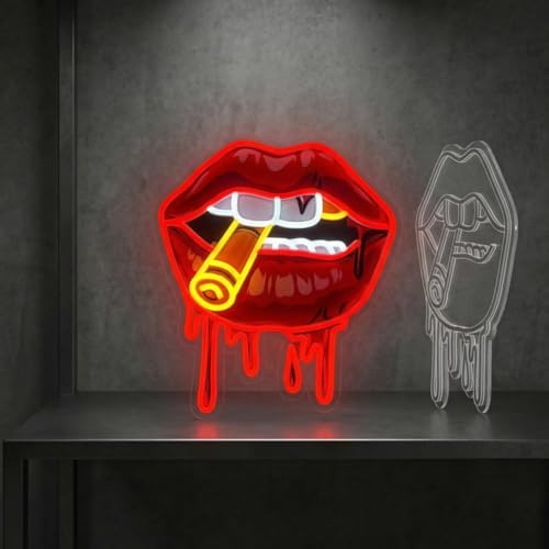 Bullet Red Lips Neon Light, Dripping Lips Neon Light, Dimmable LED Wall Decoration Suitable for Bedroom, Bar, Club, and Party Decoration - color: LANG - Bright Red